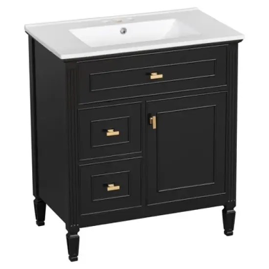 30" Bathroom Vanity with Ceramic Sink, Flip Drawer, 2 Storage Drawers & Adjustable Shelf, Compact Freestanding Vanity Cabinet - image {8}