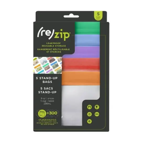 (re)zip Reusable Leak-proof Food Storage Snack Stand-Up Bag - 1-Cup/5pk image {3}