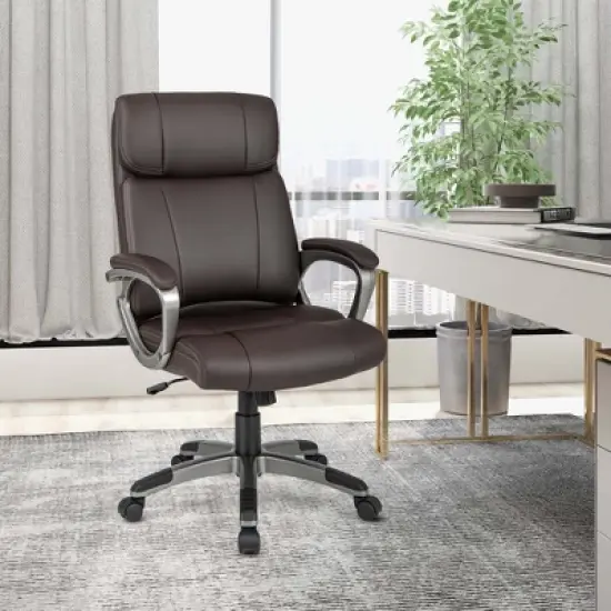 Costway Ergonomic Office Chair PU Leather Executive Swivel with Upholstered Armrests Brown image {1}