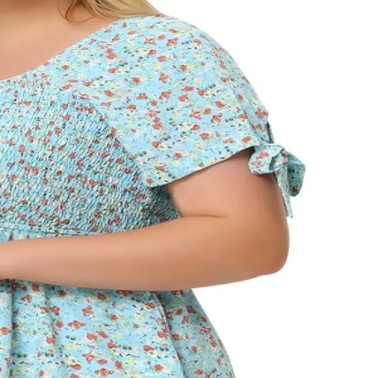 Agnes Orinda Women's Plus Size Floral Square Neck Smocked Bow Tie Short Sleeve Peplum Blouse image {4}