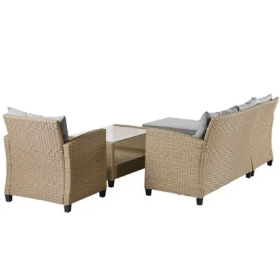 4pc Wicker Patio Conversation Set with Cushions - Beige/Brown - GODEER image {3}