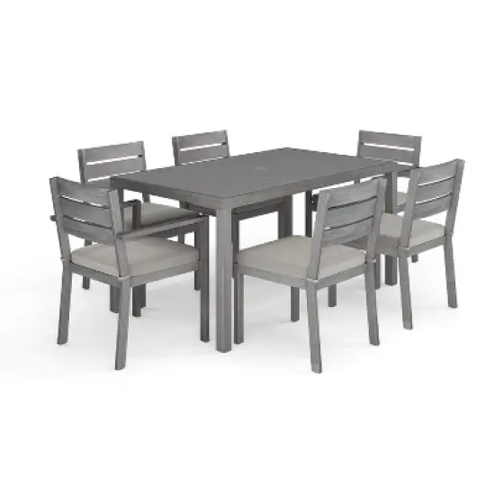 Martha Stewart Bedford Indoor-Outdoor Patio Set with 62" Table and 6 Dining Chairs with Brushed Woodgrain Aluminum Finish and All-Weather Seat Cushion image {12}