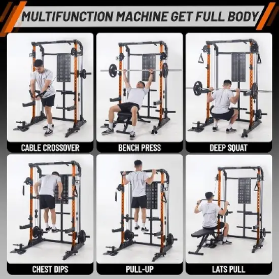 Power Cage, Multi Function 2000LB Squat Rack with Dual Pulley Cable Crossover System, Free Weight Home Equipment with Bench and Attachment Orange image {7}