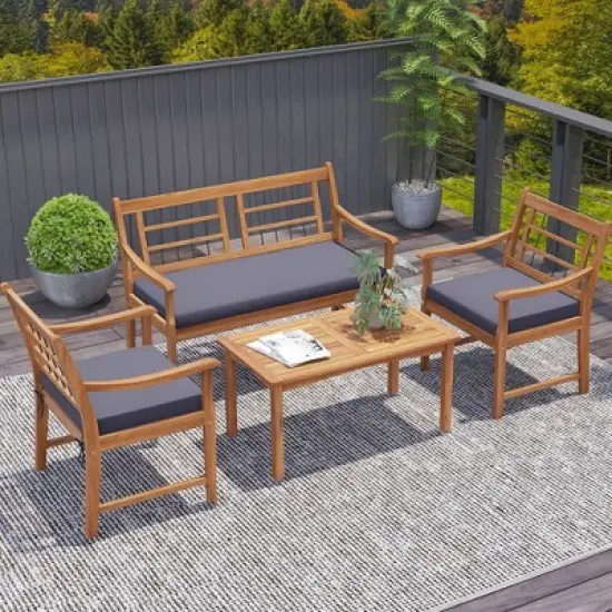 Costway 4 PCS Wood Patio Furniture Set with Soft Seat Cushions Solid Acacia Wood Frame Off White/Gray image {4}