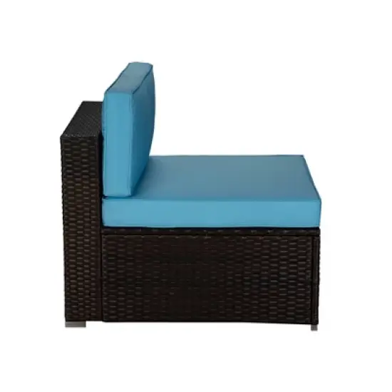 6pc Outdoor Rattan Wicker Conversation Set with Cushions - Brown/Blue - GODEER image {7}