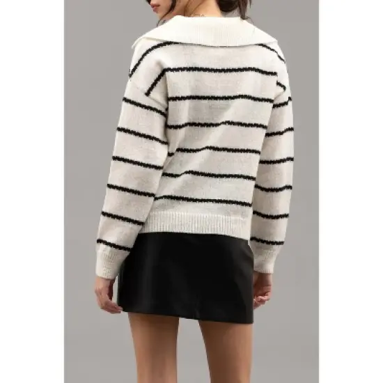 August Sky Women's Nautical Breton Stripe Shawl Collar Sweater image {1}