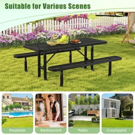 Costway 72" Coated Steel Camping Table with Seats Outdoor Picnic Table & Bench Set for 8 Black image {7}