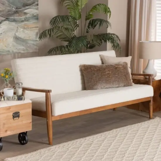 Stratton Boucle Fabric and Wood Sofa White/Walnut Brown - Baxton Studio image {2}