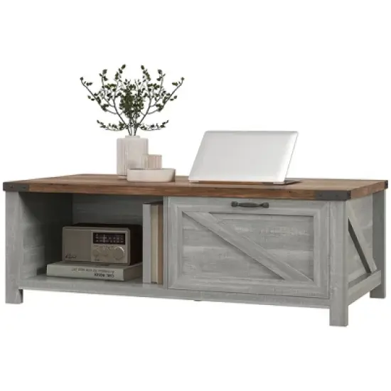 HOMCOM Farmhouse Coffee Table with Storage Drawer and Open Shelf, Rustic Coffee Table for Living Room image {3}