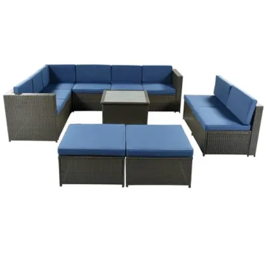 9pc Wicker Patio Sectional Seating Set with Cushions - Brown/Blue - GODEER image {4}