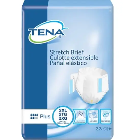 TENA Stretch Plus Incontinence Briefs, Moderate Absorbency, Unisex, 2XL, 32 Count, 2 Packs, 64 Total image {1}