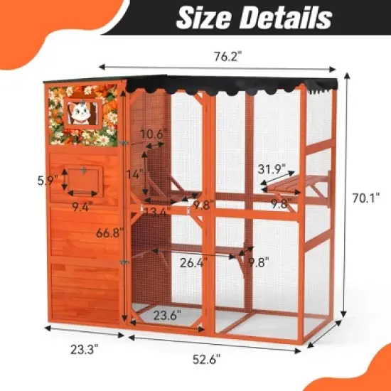 SEVOBAL Pet Crates and Houses Cat Enclosure Window Weatherproof Roof 2 Resting Rooms 2 Platforms for Outdoor Patio Deck, Orange, 76.18"*33.46"*70.08" image {2}