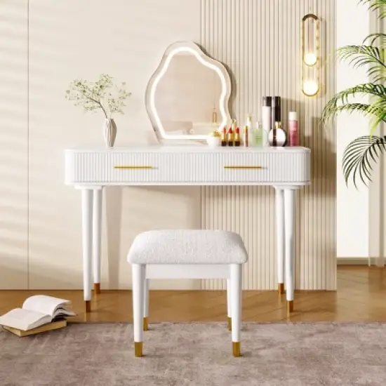 TOBILI 40" Modern Vanity Table Set with Mirror Touch Screen Lighted Mirror, Dressing Table and Cushioned Stool Set with 2 Large Drawers, White image {1}