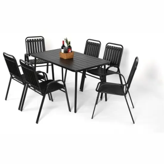 ELJGET 7 Piece Outdoor Dining Table Set for 6, Metal Dining Table with 6 Plastic Chairs for Patio, Deck, Yard image {2}
