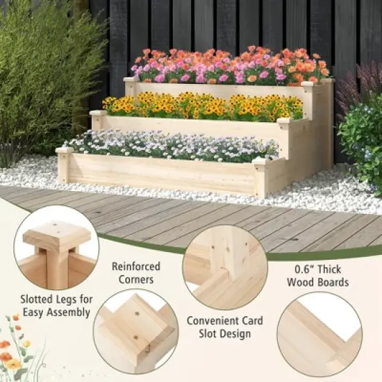 Costway 3-Tier Wooden Raised Garden Bed with Open-Ended Base Growing Planter for Backyard image {5}