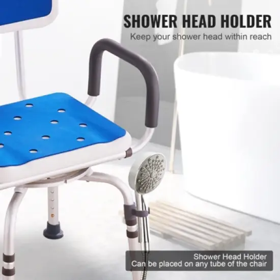 VEVOR Swivel Shower Chair 360 Degree, Adjustable Shower Seat with Armrests and Backrest for Inside Shower or Bathtub, 400lbs Capacity, White+Blue image {6}