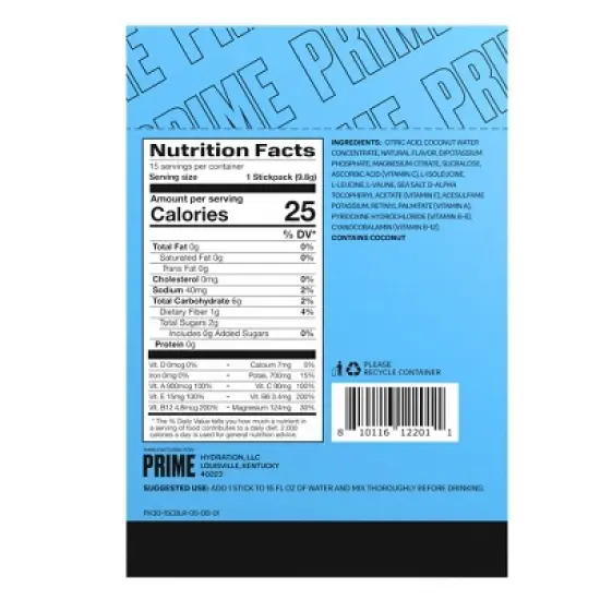 Prime Hydration Sticks Electrolyte Supplement Powder - Blue Raspberry - 5.18oz/15ct: Coconut, Sports Supplements image {3}