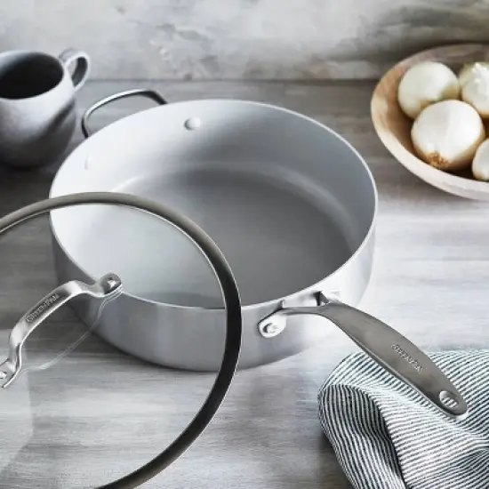 Greenpan Venice Pro Tri-Ply Stainless Steel Ceramic Non Stick 5qt Saut&eacute; Pan with  Helper Handle & Lid Vibrant Silver image {2}