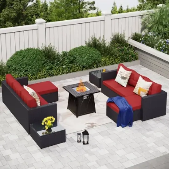 Captiva Designs 7pc Steel & Wicker Outdoor Square Fire Pit Furniture Set with Cushions image {12}