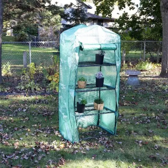Sunnydaze Outdoor Portable Growing Rack 4-Tier Greenhouse with Roll-Up Door - 4 Shelves - Green image {5}