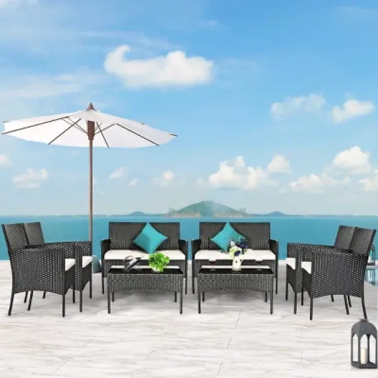 Costway 8PCS Patio Rattan Furniture Set Cushioned Sofa Coffee Table Backyard Turquoise\Red image {10}