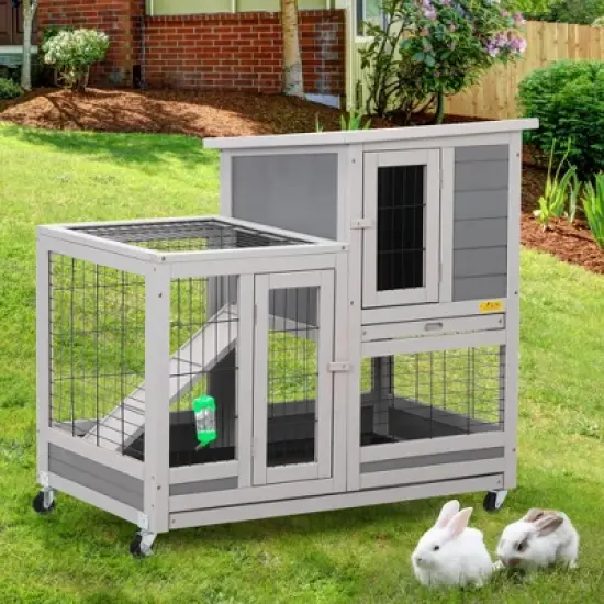 Sandinrayli Indoor Outdoor Rabbit Hutch on Wheels, Rolling Large Bunny Cage with Removable Tray, Ramp, Grey image {1}