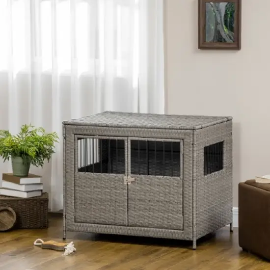 PawHut Rattan Dog Crate with Double Doors, Wicker Dog Cage with Large Entrance and Soft Cushion, Dog Kennel for Medium to Large Sized Dogs, Gray image {1}