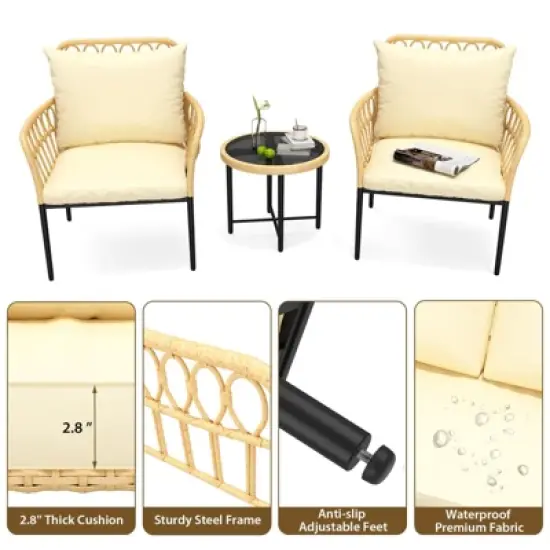3-Piece Bistro Patio Set, All-Weather Wicker Conversation Set with Cushions & Coffee Table for Garden, Balcony, Deck, or Poolside &uml;C Beige image {6}