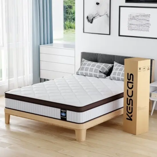 Kescas Euro Top 12" Individually Pocket Innerspring Hybrid Mattress - Compatible with Platform Bed, Box Spring, or Slat Base image {9}