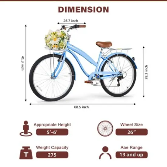 hykolity 26 inch Cruiser Bike Beach Bicycle City Bike Commuter Cycling 7 Speed for Adult Women Front Basket Rear Rack Aquamarine image {2}