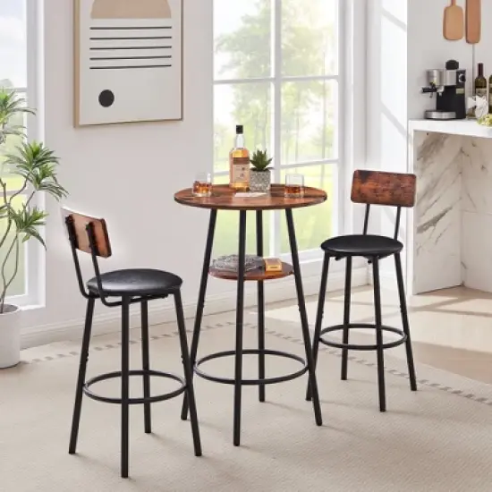 SKRAN Set of 3 Pub Table and Chairs Set, Round Counter Height Table and PU Bar Stools w/Storage Shelf for Breakfast Nook Small Bistro image {12}