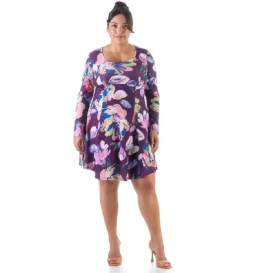 24seven Comfort Apparel Floral Purple Long Sleeve Plus Size Knee Length Dress image {5}
