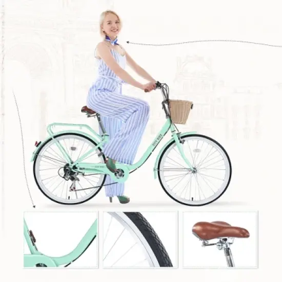 INFURNIC Bicycles, 26 Inch Ladies Bicycle with Basket, Commute Bicycle for Women Ladies, Green, 66.93"*24.8"*41.34" image {4}