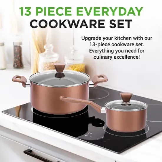 NutriChef 13-Piece Nonstick Cookware Set with Lids and Utensils - Stylish Brown image {1}