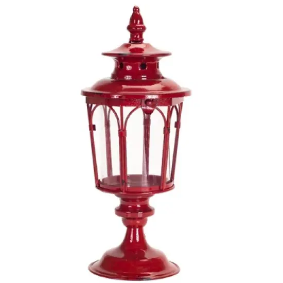 HomeRoots Set of Two Red Distressed Ornate Glass And Metal Tabletop Lantern Candle Holders image {3}