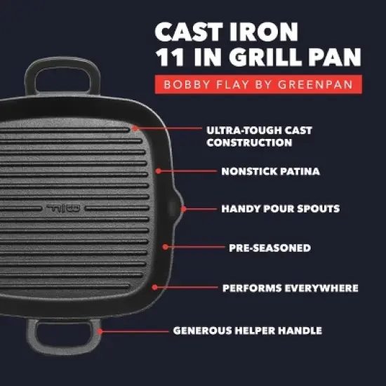 Bobby Flay 11" Cast Iron Square Grill with Dual Handles and Spouts image {3}