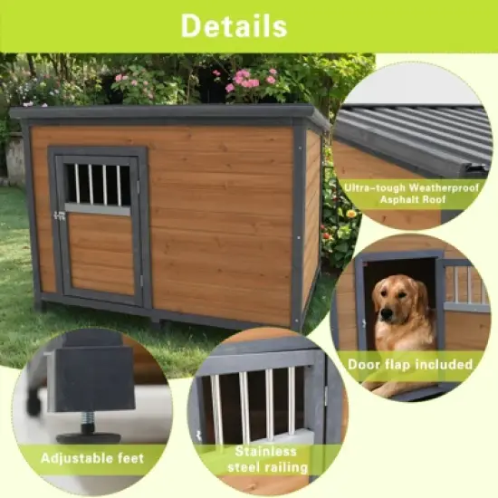 Gulches 45"large solid wood dog house, waterproof PVC plastic roof, breathable wooden doors image {4}