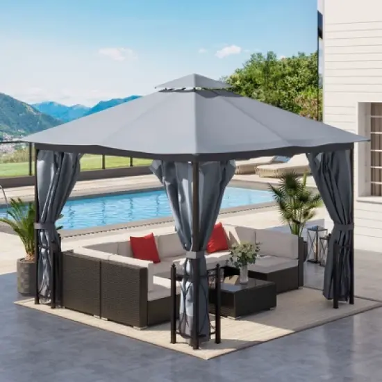 Outsunny 13' x 11' Patio Gazebo Canopy Garden Tent Sun Shade, Outdoor Shelter with 2 Tier Roof, Netting and Curtains, Steel Frame for Patio, Backyard, Garden image {1}