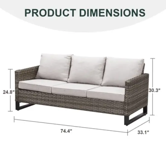 POCASSY 74.4" Outdoor Wicker Couch with Metal Armrest, 3-Seater Couch with Square Armrest Patio Furniture Sofa for Porch Balcony, Gray image {7}