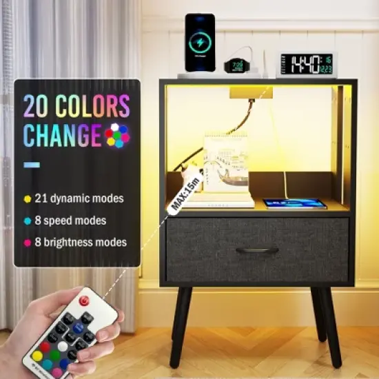 Kumasinova Wood Nightstand with Charging Station,Night Stand Set 2 with LED Lights,Nightstands with 2/4/6 Fabric Drawers,Bedside Table for Bedroom image {2}