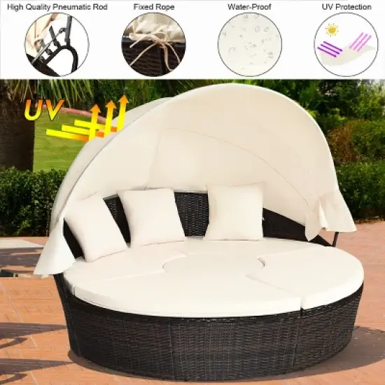 Costway Patio Rattan Daybed Cushioned Sofa Adjustable Table Top Canopy 3 Pillows image {4}