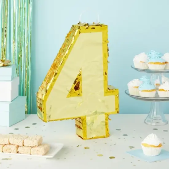 Blue Panda Gold Foil Number 4 Pinata for 4th Birthday Party Decorations, Anniversary Celebrations (15.5 x 11 x 3 In) image {1}