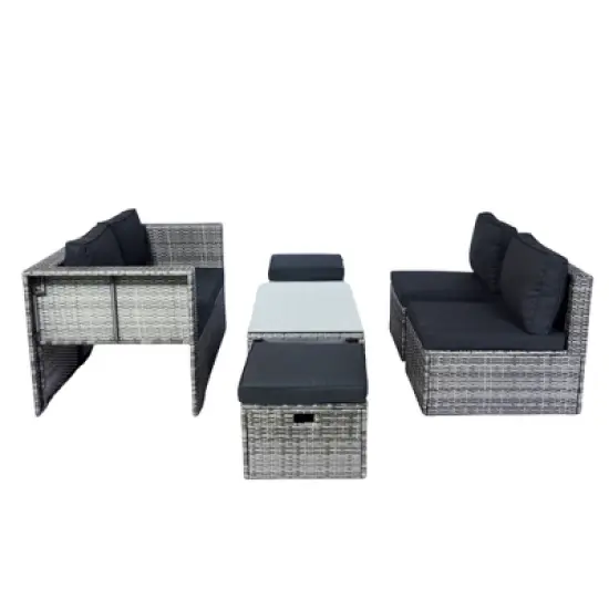 Rbied 6-Piece Wicker Outdoor Sofa Sectional Set Conversation Set with Black Cushions, Smart Storage Design image {14}