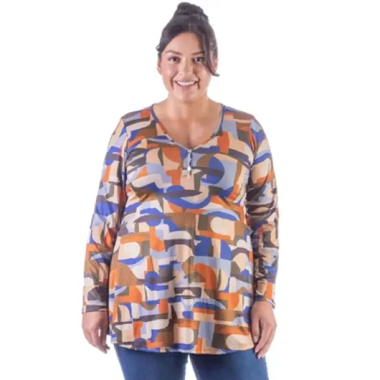 24seven Comfort Apparel Orange Print Long Sleeve V Neck Plus Size Tunic Top image {4}