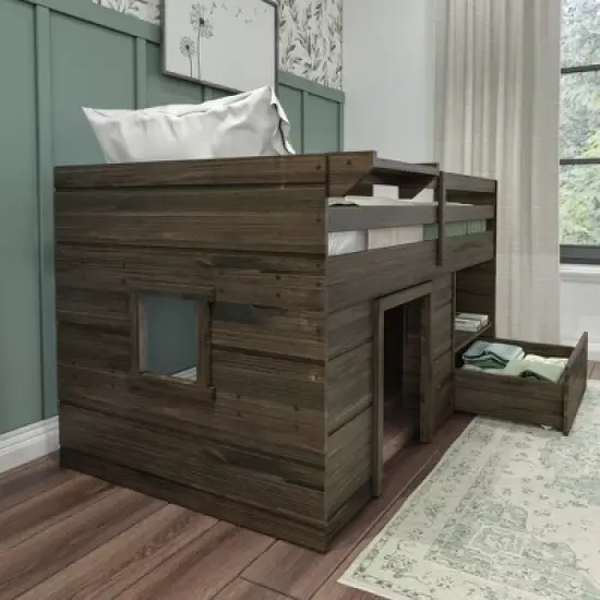 Max & Lily Loft Bed Twin Size Solid Wood Platform Bed Frame for Kids with Storage Drawer image {2}