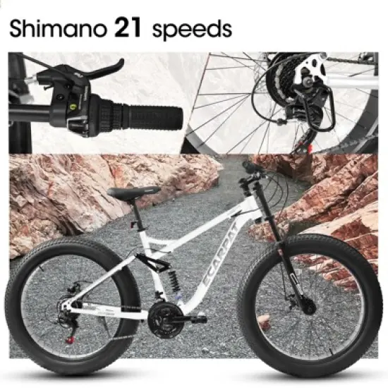 INFURNIC Bicycles 26 Inch Full Suspension Mountain Bike with Shimano 21 Speeds and Fat Tires for Men, White, 56.3"*7.88"*28.35" image {3}