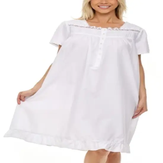 Women's Cotton Victorian Nightgown, Sophia Short Sleeve Lace Trimmed Button Up Short Sleeve Vintage Night Dress Gown image {6}