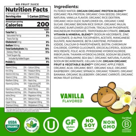 Orgain Kids' Plant Based Vanilla Protein Shake - 4pk/8.25 fl oz image {2}