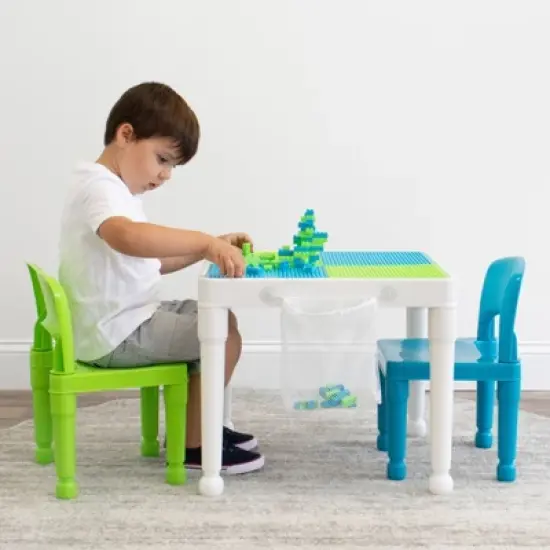 3pc Kids' 2 in 1 Square Activity Table with Chairs and 100pc Building Blocks White/Green/Blue - Humble Crew image {6}