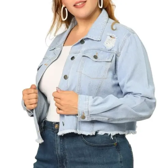 Agnes Orinda Women's Plus Size Washed Ripped Distressed Cropped Frayed Denim Jacket image {6}